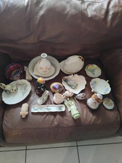 Two  Bins Full Of Figurines And Antique Plates Ect 