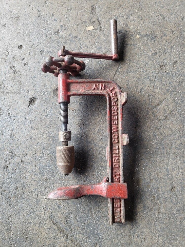 1899 Weedsport Drill Co. Weedsport N.Y. Crank wagon wheel tire drill press tool Antique Classic Vintage