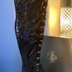 Sequin Thigh-High (Lace-Up & Zip-Up) Boots (Size 8)