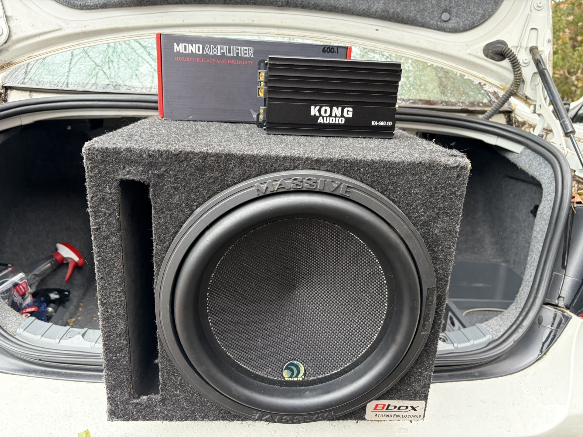 Must hear 12"Massive Audio 1,400w sub in ported box and Kong audio 600.1D mono amp