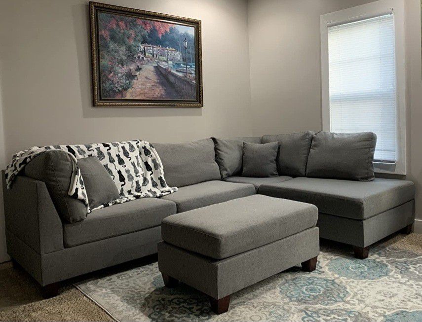 Brand New Gray Fabric Sectional Sofa Couch +Ottoman (New In Box) 