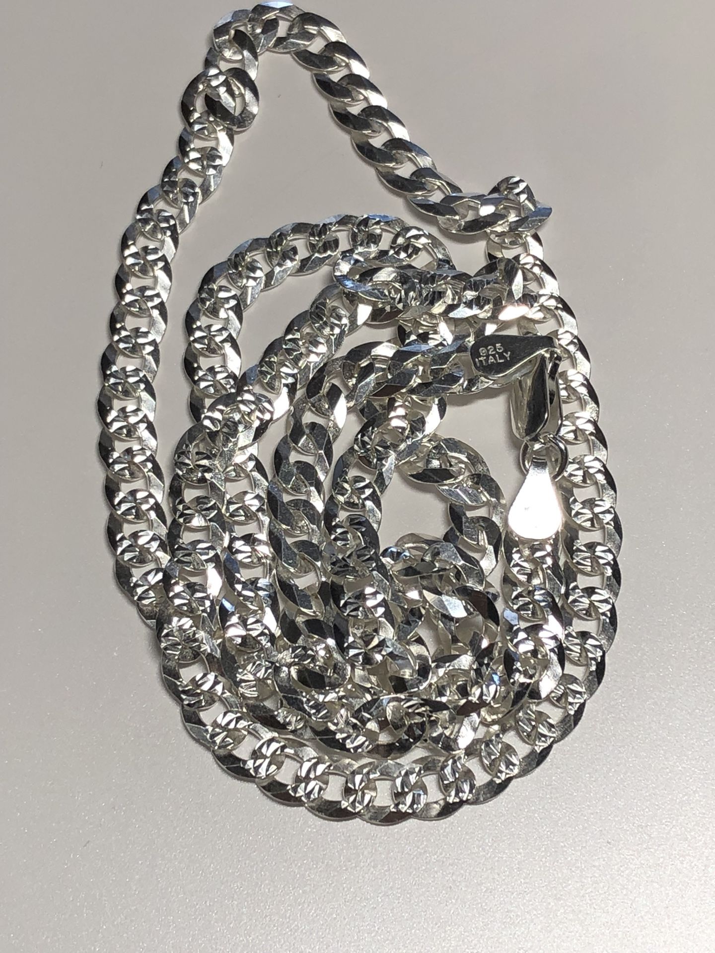 925 Sterling Silver Diamond Cut Cuban Two Sided Curved Chain 24” 
