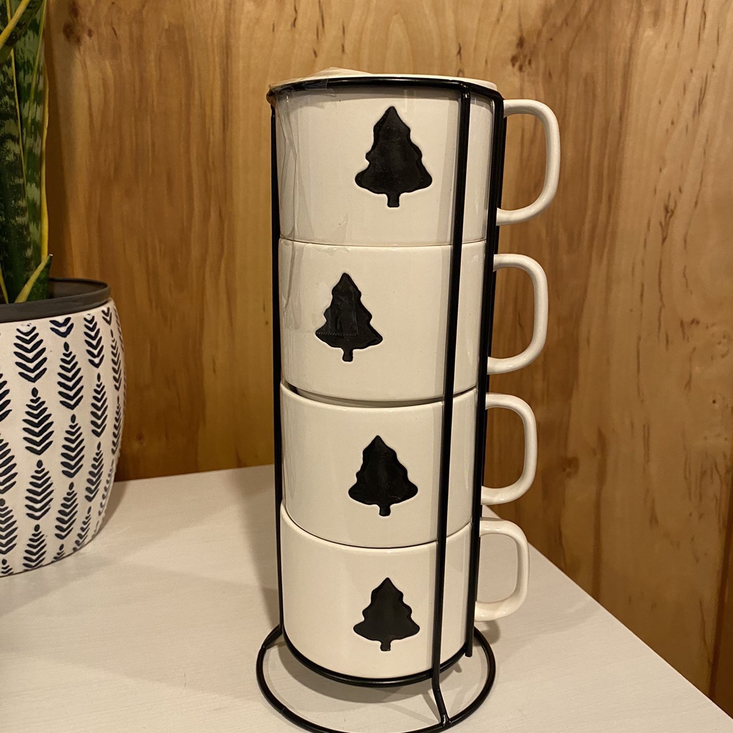 Four Ceramic Tree Mugs & Holder