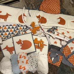 Bacati Playful Fox Orange Gray 17pc Crib Bedding Set & Changing table cover & More 