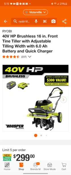 Ryobi Tine Tiller With Batteryand Charger Used Once 