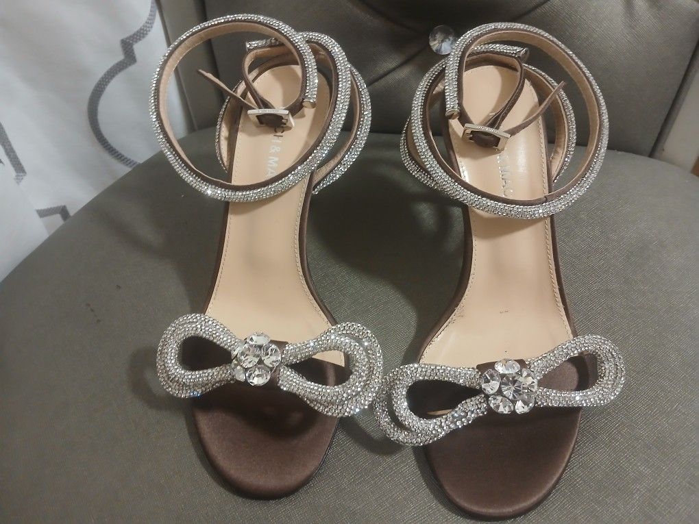 Mach & Mach Double Bow Crystal Satin Sandals Heels Size 6.5