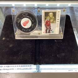 Ed Giomin Signed Hockey, Puck, And Trading Card Display