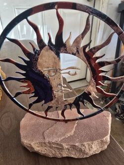Sun and Moon Metal Art Sculpture on Stone Base