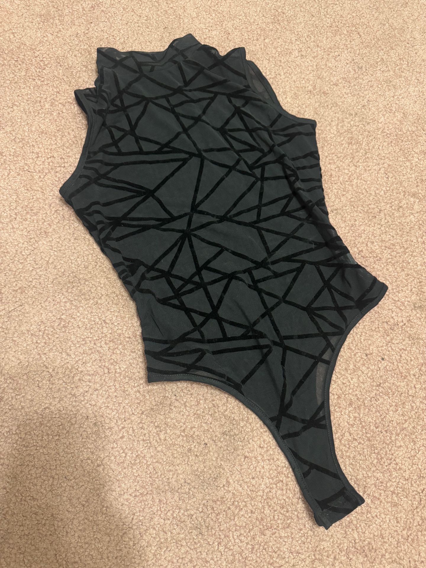 New small black sheer mesh velvet bodysuit lingerie top festival goth stretchy