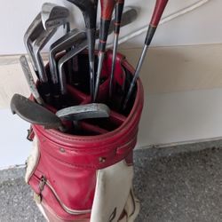 Golf Clubs - Wilson Arnold Palmer Iron Set shot maker + Wood & Retro Red RAM Bag, balls tees vintage