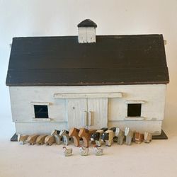Antique wooden barn & wooden animals. Handmade