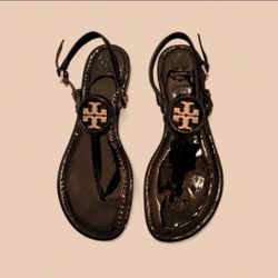 Tory Burch Gold Mini Miller Flat Thong Ankle Strap Sandals - Black US Size 10