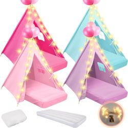 Kids Sleepover Teepee Tent Set with Air Mattresses and Star Lights