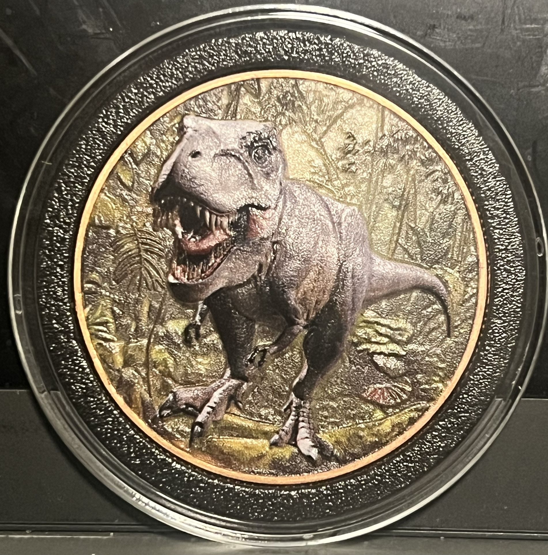 1 oz Pure Copper Colorized Round (.999 Fine) • Jurassic Park T-Rex Dinosaur 3D Ultra High Relief Coin • Clear Protective Airtight Capsule