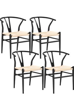 Yaheetech Set of 4 Weave Chair Mid-Century Metal Dining Chair Y-Shaped Backrest Hemp Seat, Black