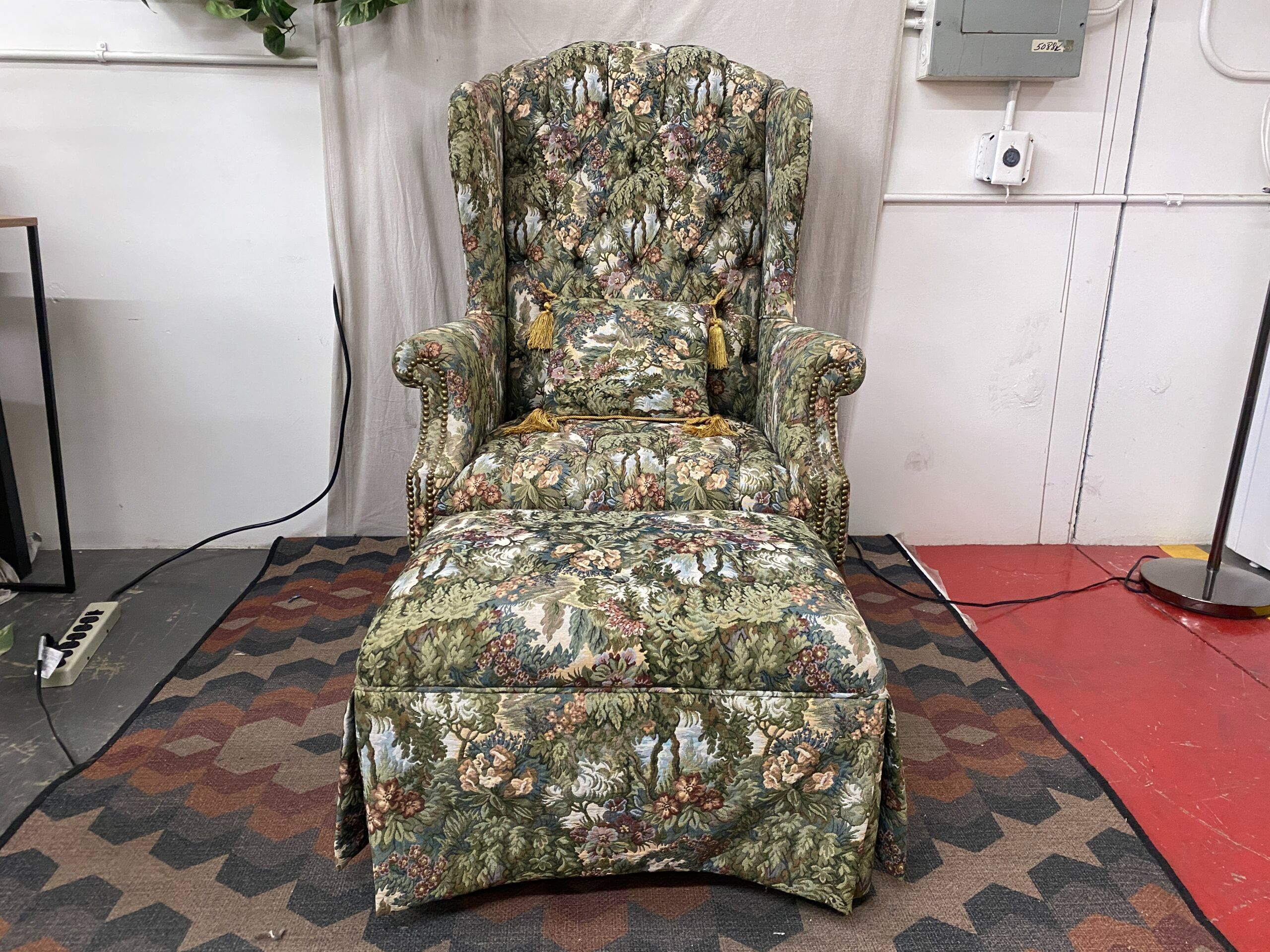 Wingback Chair and Matching Floral Ottoman