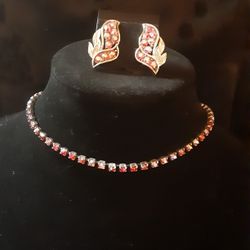 Vintage AB RED CRYSTAL CHOKER & EARRINGS Silvertone