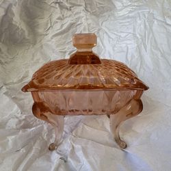 Vintage Pink Depression Style Glass Lidded, Footed Trinket Box/Candy Dish 5"
