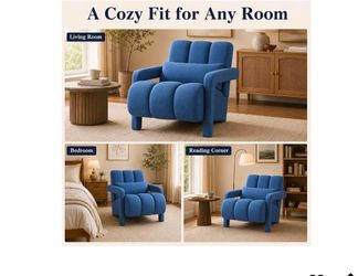 Accent Chair for Living Room, Blue Linen with Pillow Upholstered armchair with high-density foam and ergonomic segmented backrest for bedroom, office,
