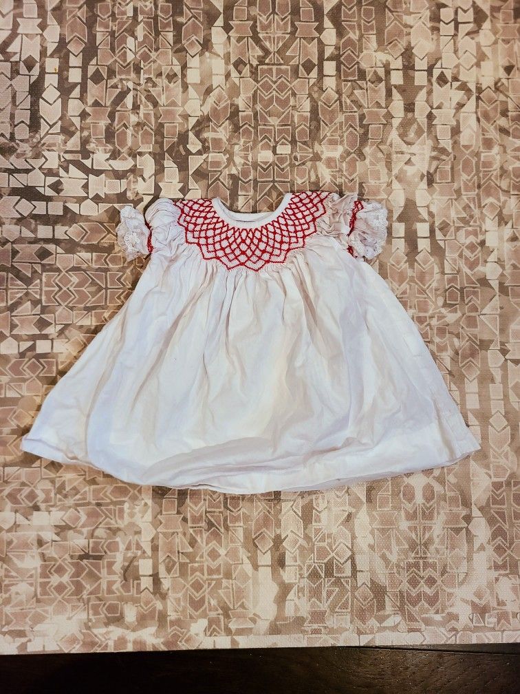 Infant 6 Month White Dress with Lace Sleeves and Red Embroidery