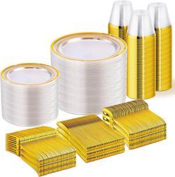 600pc Clear Gold Disposable Dinnerware Set