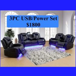 💥FREE DELIVERY💥Brand New LED, USB Power  3PC Reclining Sofa Loveseat Chair Set 