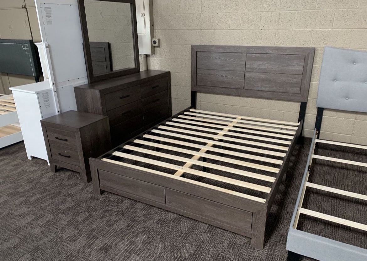 Grey Brown Queen Dresser Bed Set 