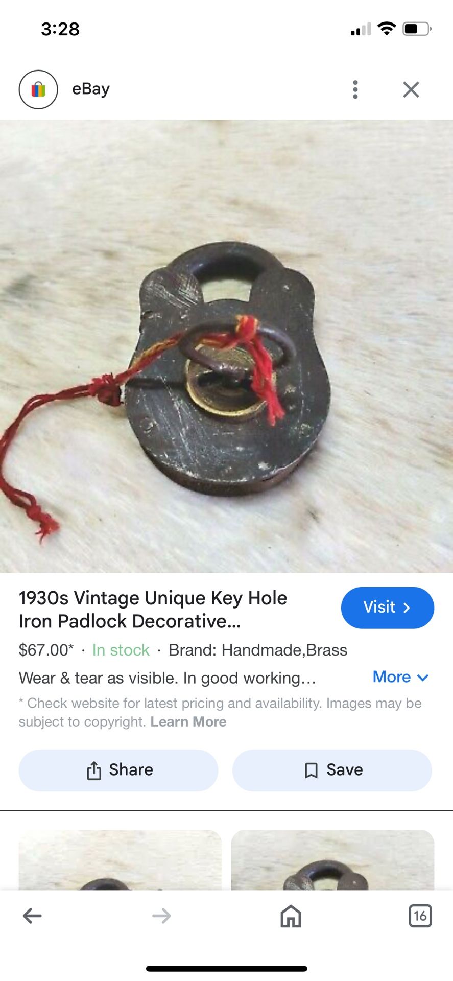 Antique 1930 Key Hole Paddle Lock Very Rare To Find
