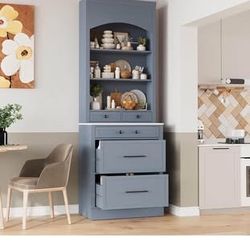 Newly assembled 83.7" High Kitchen Pantry Modern Freestanding Cabinet Hutch with Faux Marble