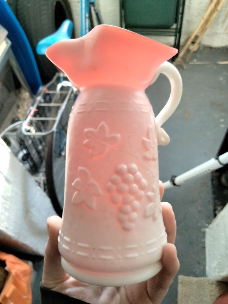 Kanawha Glass Pitcher Red Cased Milk Glass Satin Finish Grape Vine
