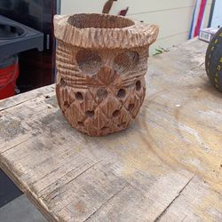 Vintage hand carved wooden owl candle holder