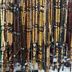 Set Of 12 X Saint Charbel Rosary Hand made from Authentic Olive wood from holy land and metal crosses separation and saint Charbel icon with gold bag
