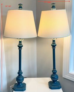 2 Freshly Painted & Distressed Coastal Blue Resin & Metal Lamps with Matching Finials & Cream Shades