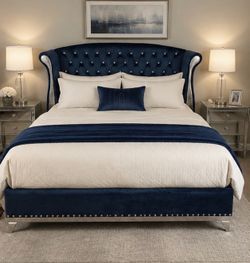 Christopher Knight Blue Velvet Queen Tufted Wingback Bed