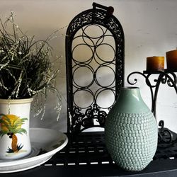 Home Decor: Wine Rack, Candle Holders, Serving Plate With Vase