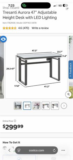 Tresanti Aurora 47" Adjustable Height Desk with LED Lighting