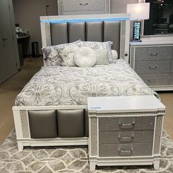 LED UPHOLSTERED BEDROOM SET QUEEN/KİNG BED DRESSER NİGHTSTAND MİRROR Ariane 