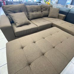 Naomi Brown Linen - Reversible Sectional & Ottoman