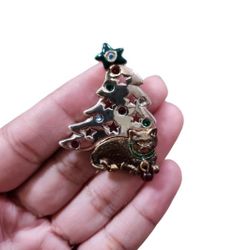 Vintage Silver Gold Toned Multicolored Gem Bling Christmas Tree with Cat Resting