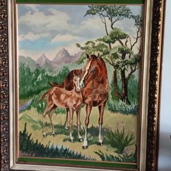 Mid-century Mother And Fawn Horse Oil Painting 39x31