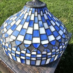 $125.00 - Vintage Stained Glass Lampshade, Tiffany Style!  Large 48" In Circuference/Gorgeous Blues/White & Black Colors - Like New Condition!