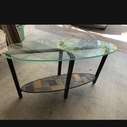 Oval Glass Top, Metal Frame, Stone Shelf-NICE
