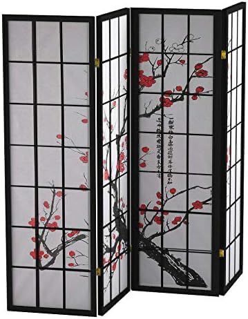 Roundhill Furniture Black Japanese 4-Panel Screen Room Divider, Plum Blossom