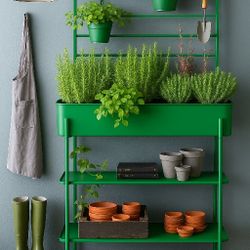 Metal Raised Garden Bed with Trellis and Drainage Holes- Elevated Planter Box w/ 2 Tier Storage Shelves and 3 Planters, 62'' Outdoor Plant Rack with F