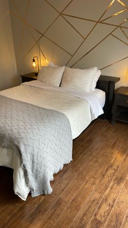 Queen Bed Frame with Dark Wood Finish + side tables