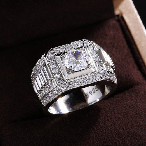 "Fever Square Glitter Zircon Silver Chunky Wedding Rings for Man, PD664
 
  