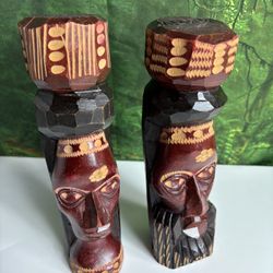 Genuine Hand Carved Jamaican Wooden Tiki Totem Head Figurines Tiki Décor Pair