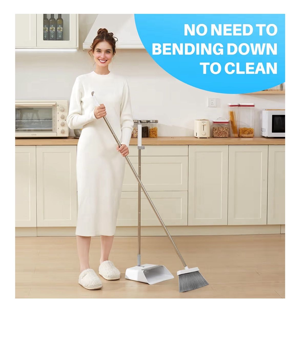 JOYMOOP White Broom and Dustpan Set, Upright Angle Design with Built-in Comb Teeth for Kitchen, Office, Pet Hair, Hard Floors