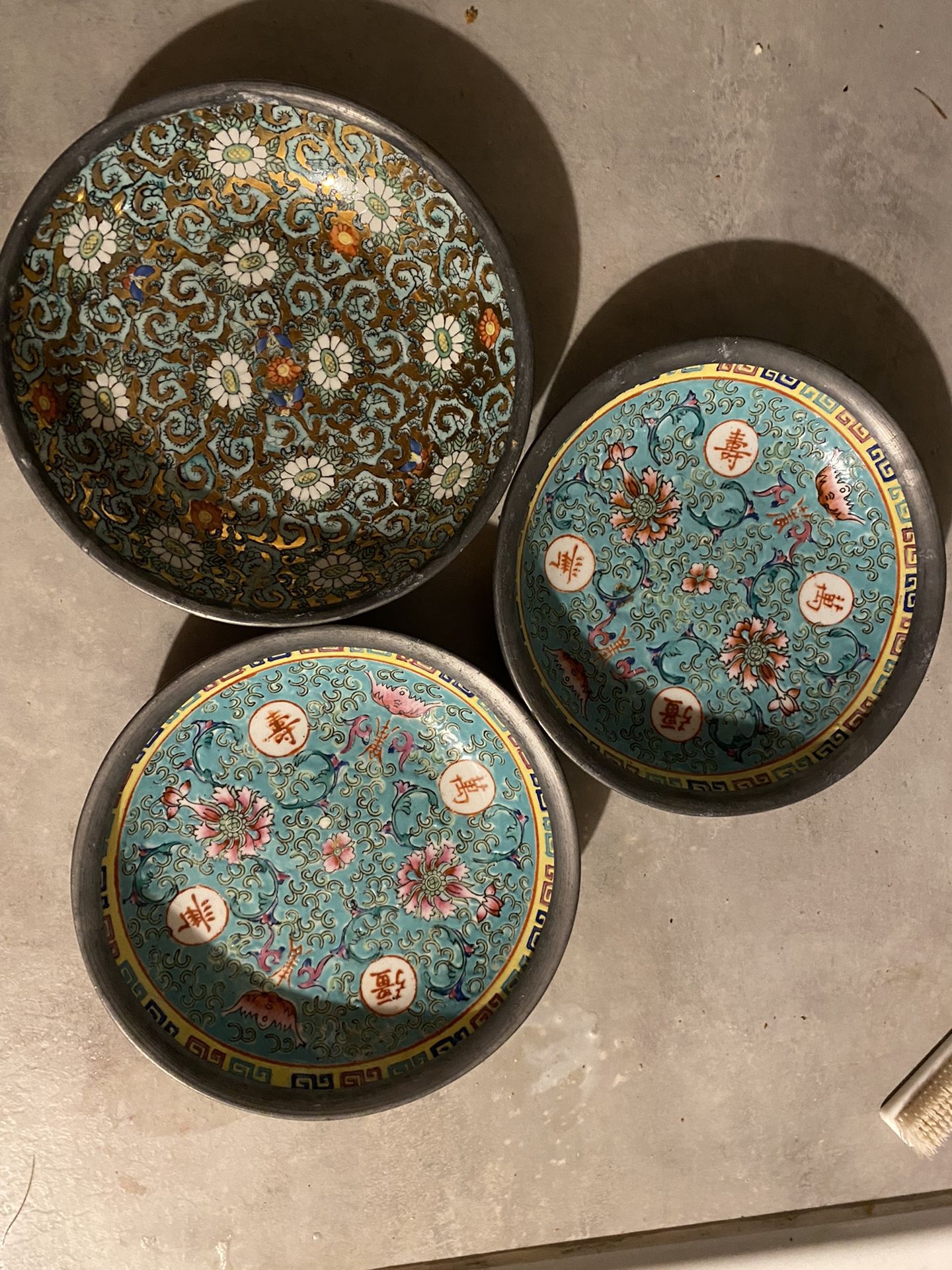 Vintage Japanese Porcelain Water Pewter Encased Bowls