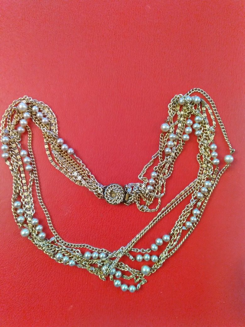 Multi-strand Gold-plated Costume Necklace with Pearls